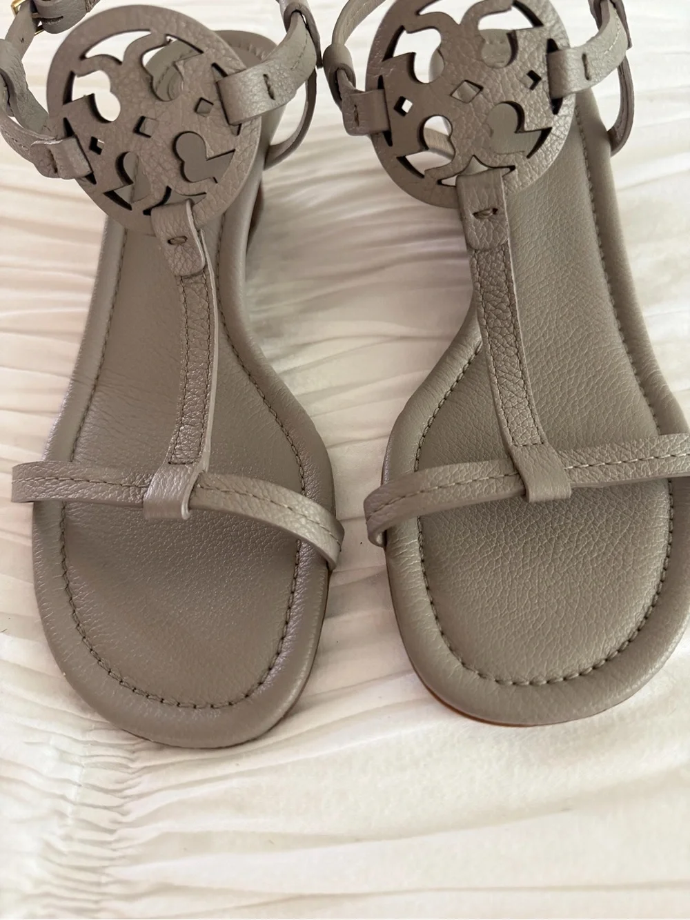 Tory Burch Taupe Leather Wedge T-Strap Sandals